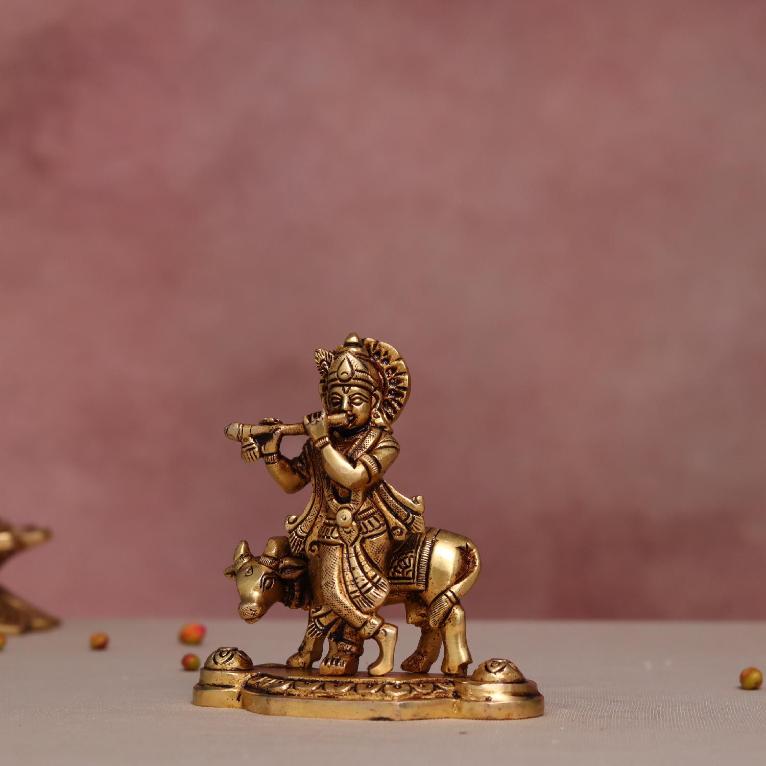 Brass Krishna Idol With Cow