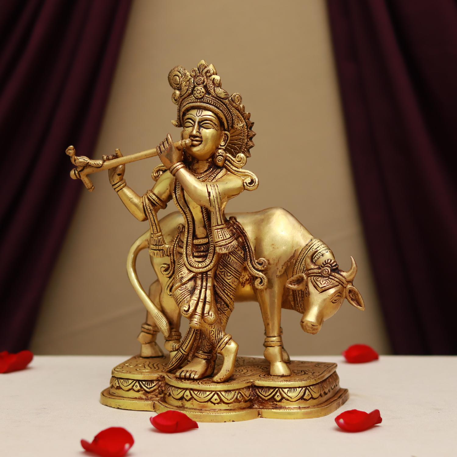 Brass Lord Krishna Playing With Cow Idol