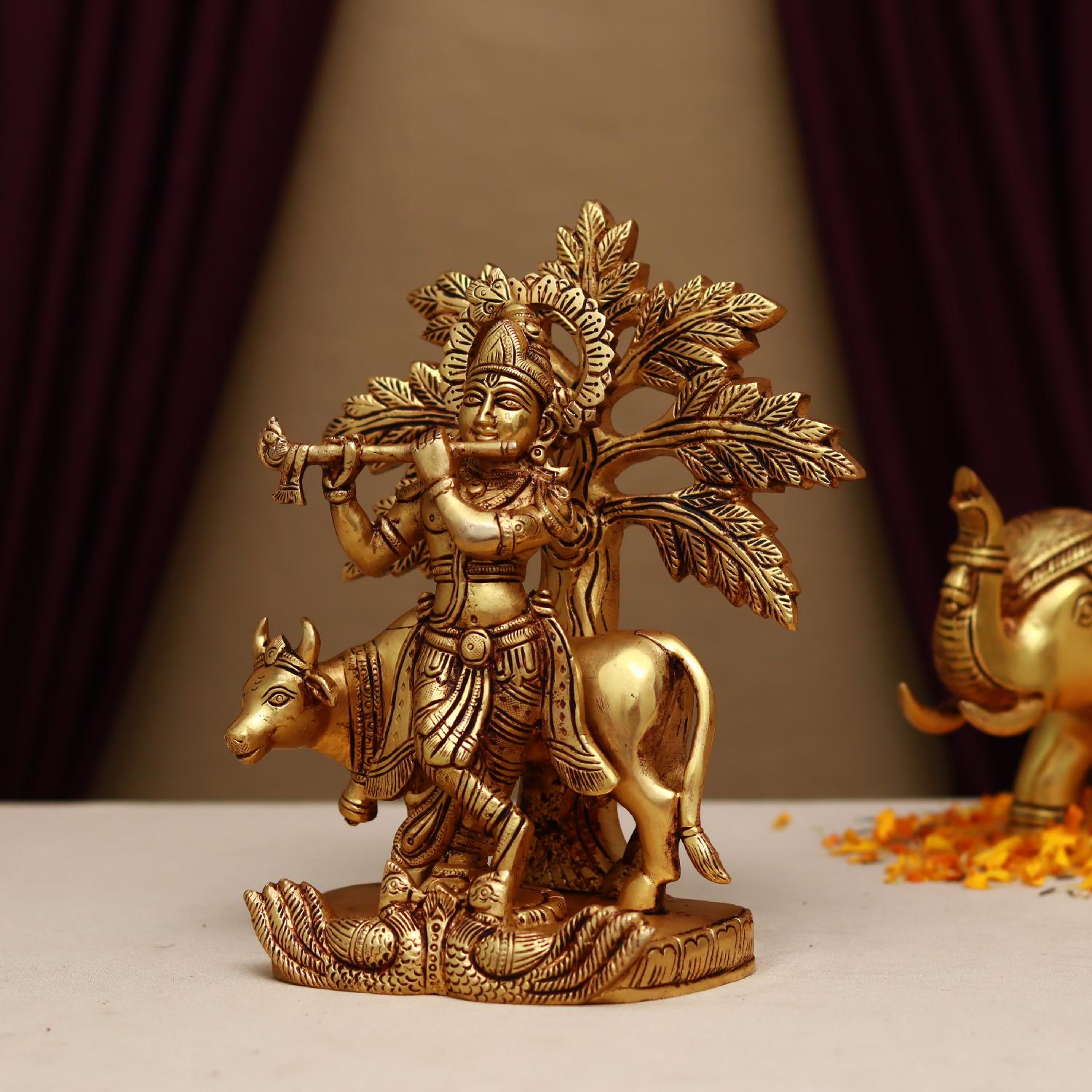 Brass Krishna Playing Flute Under Kalpavriksha