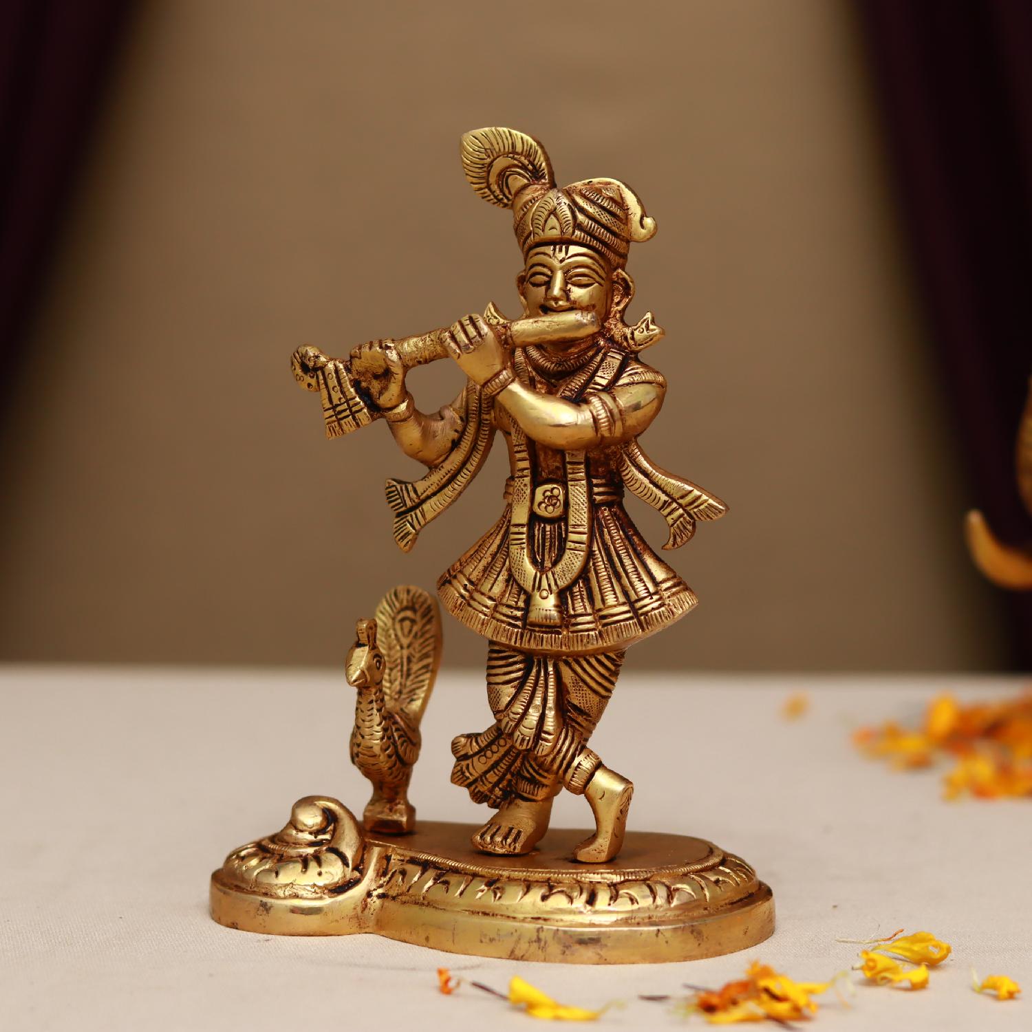 Brass Lord Krishna Idol Playing Flute With Peacock