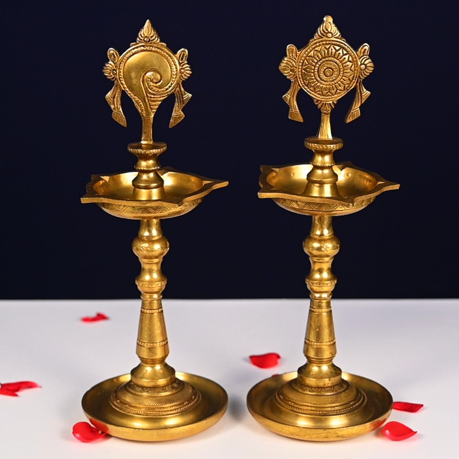 Brass Shankh Chakra Lamp Set