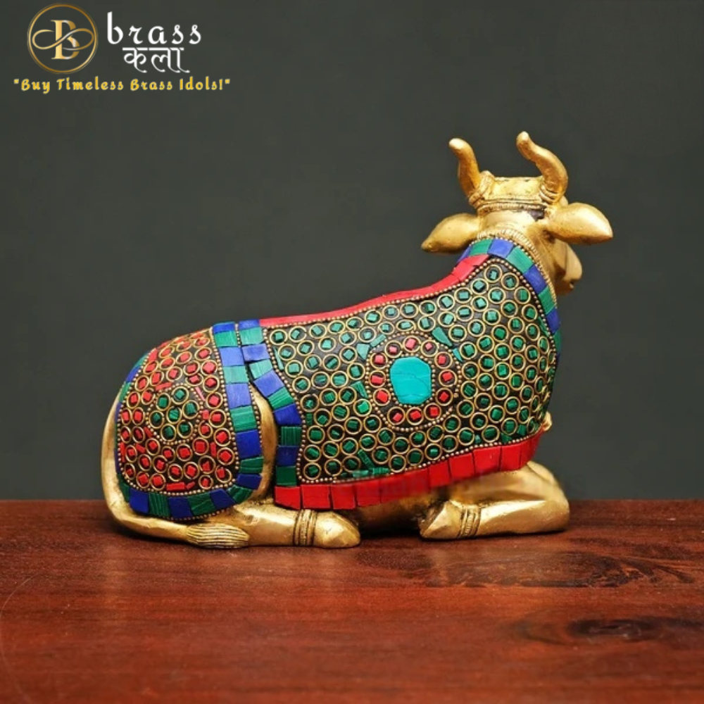 Brass Nandi Cow Sitting Statue With Stonework
