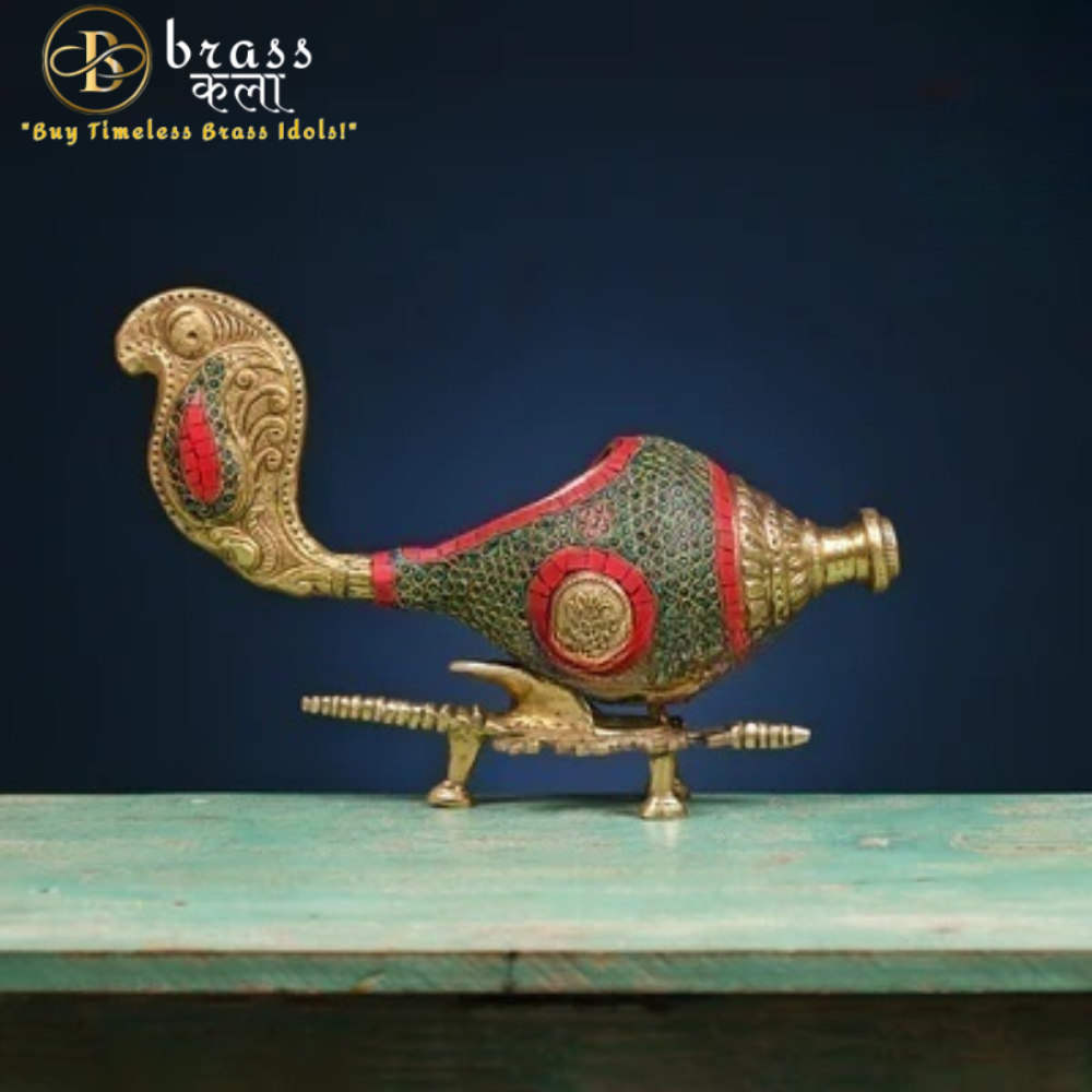 Brass Shankh with Stonework and Stand