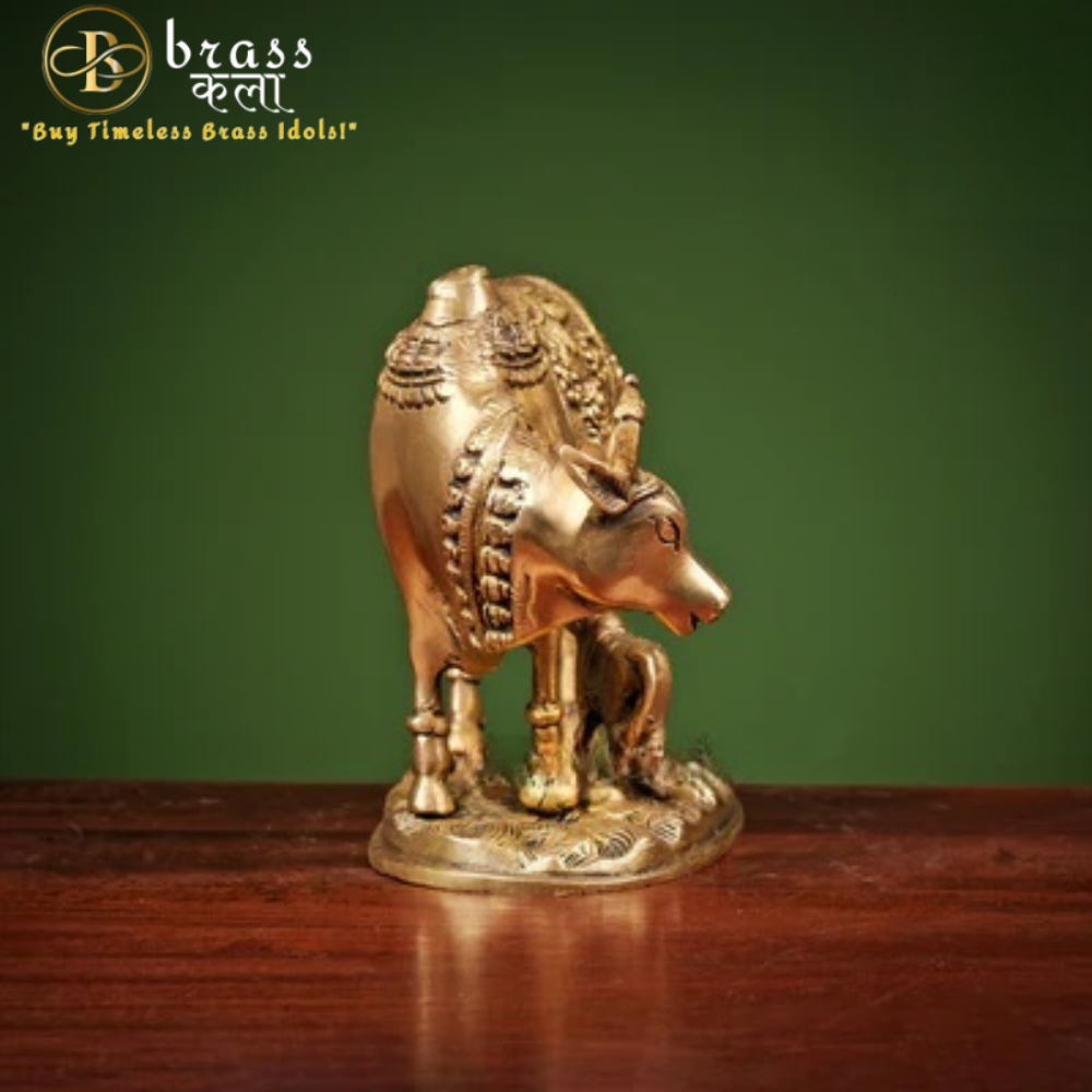 Brass Cow and Calf Idol Figurine Home Décor Kamdhenu Showpiece