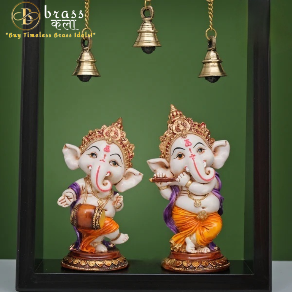 Musicial Baby Ganesha Idols in Wooden Frame with Bell