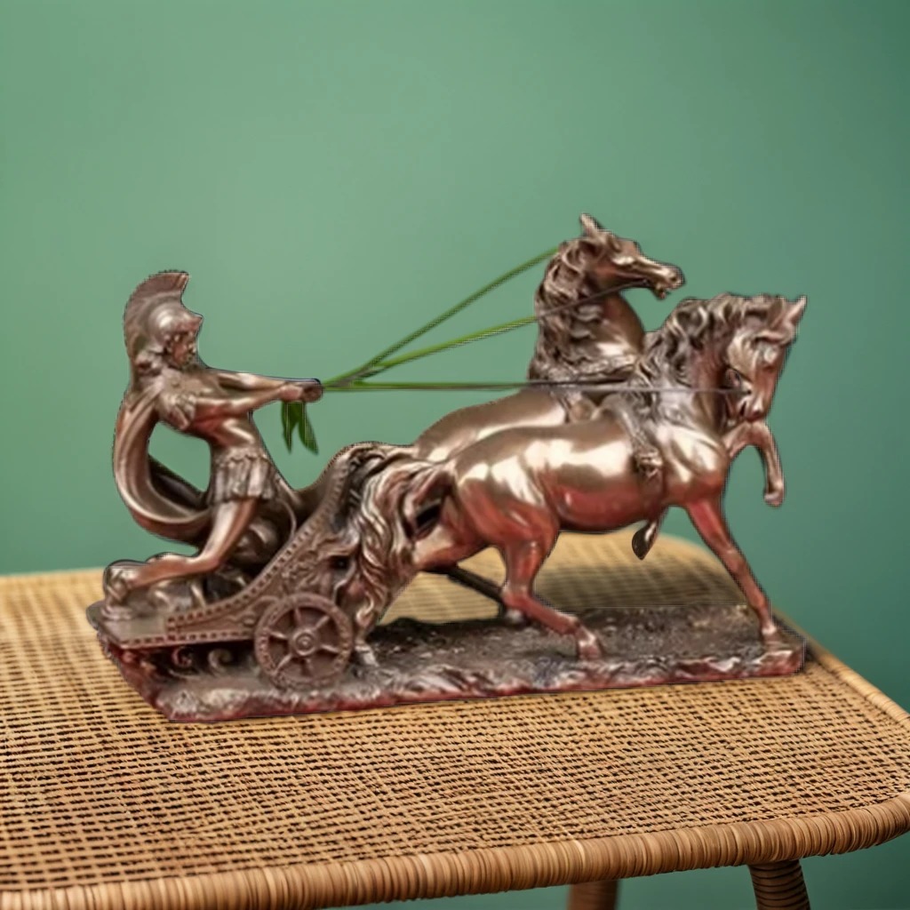 Roman Gladiator Chariot Pulled by 2 Horses Statue