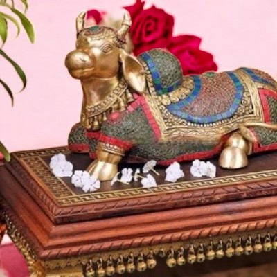 Brass Nandi Statue on Wooden Pedestal