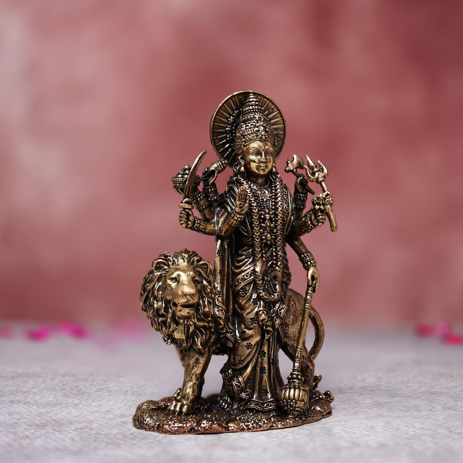 Brass Maa Durga Murti Standing With Lion