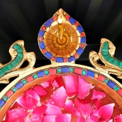 Brass Peacock Urli Stand with 4 Diya holders Stonework
