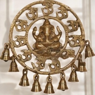Brass Ganesha Wall Hanging with Bells and Om Decor