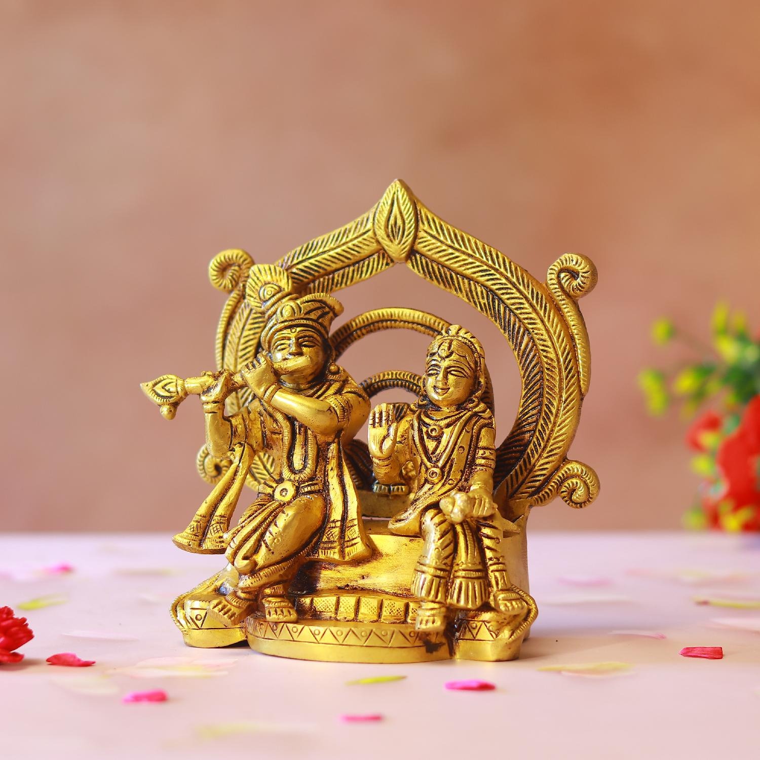 Brass Radha Krishna Idol Sitting On Throne