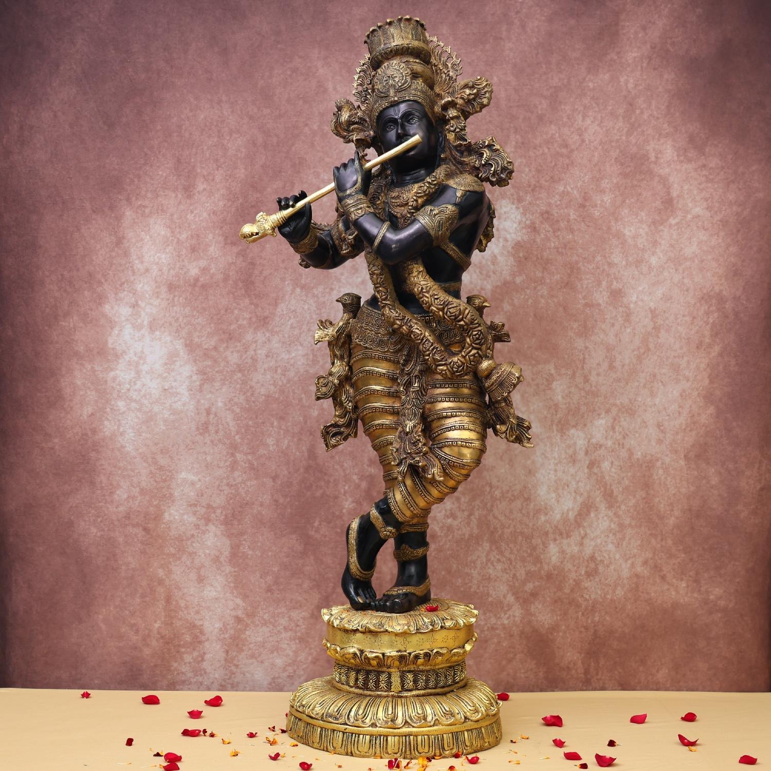 Large Size Brass Black Lord Krishna Murti In Tribhangi Posture