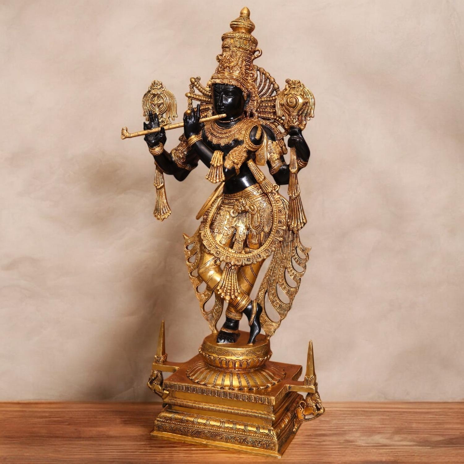 Brass Large Size Black Krishna Idol With Shankha And Chakra