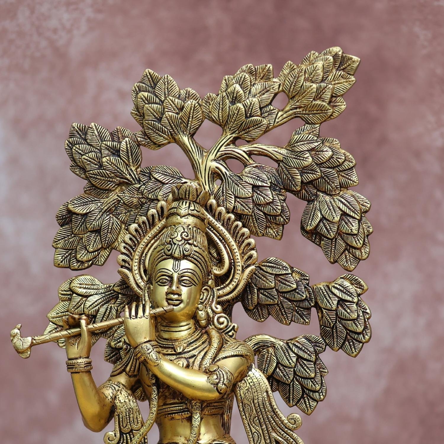 Brass Lord Krishna Idol With Tree