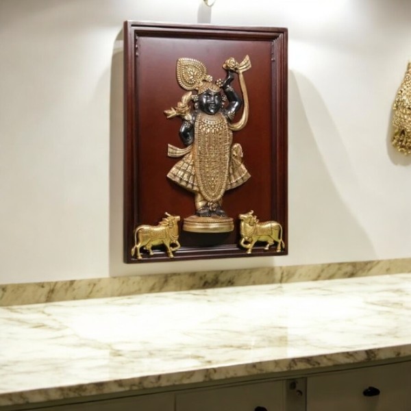 Brass Shreenath ji Statue in Frame with Cow