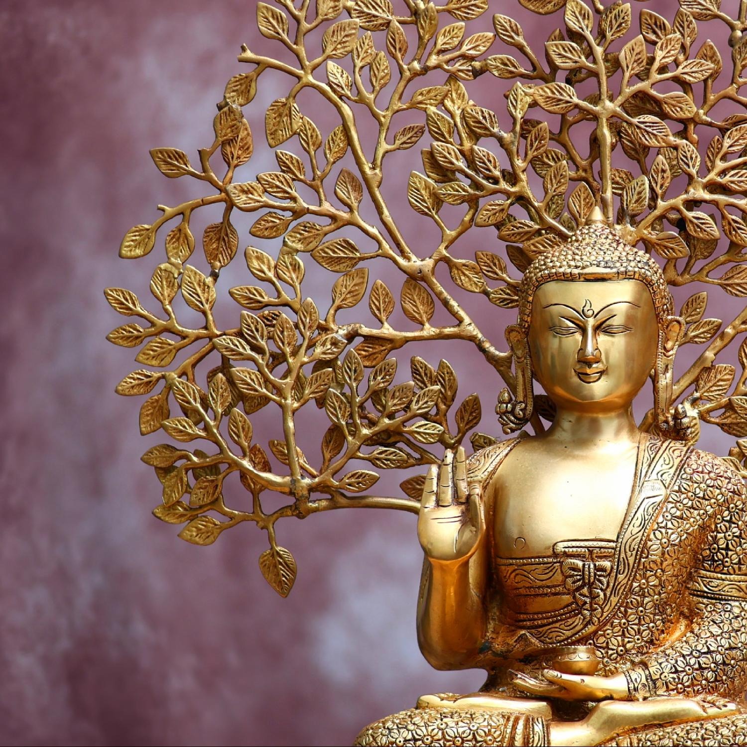 Brass Buddha Statue With Bodhi Tree