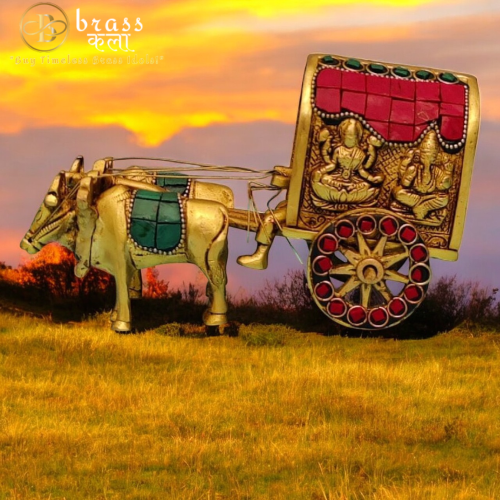 Brass Stone Bullock Cart With Laxmi Ganesh