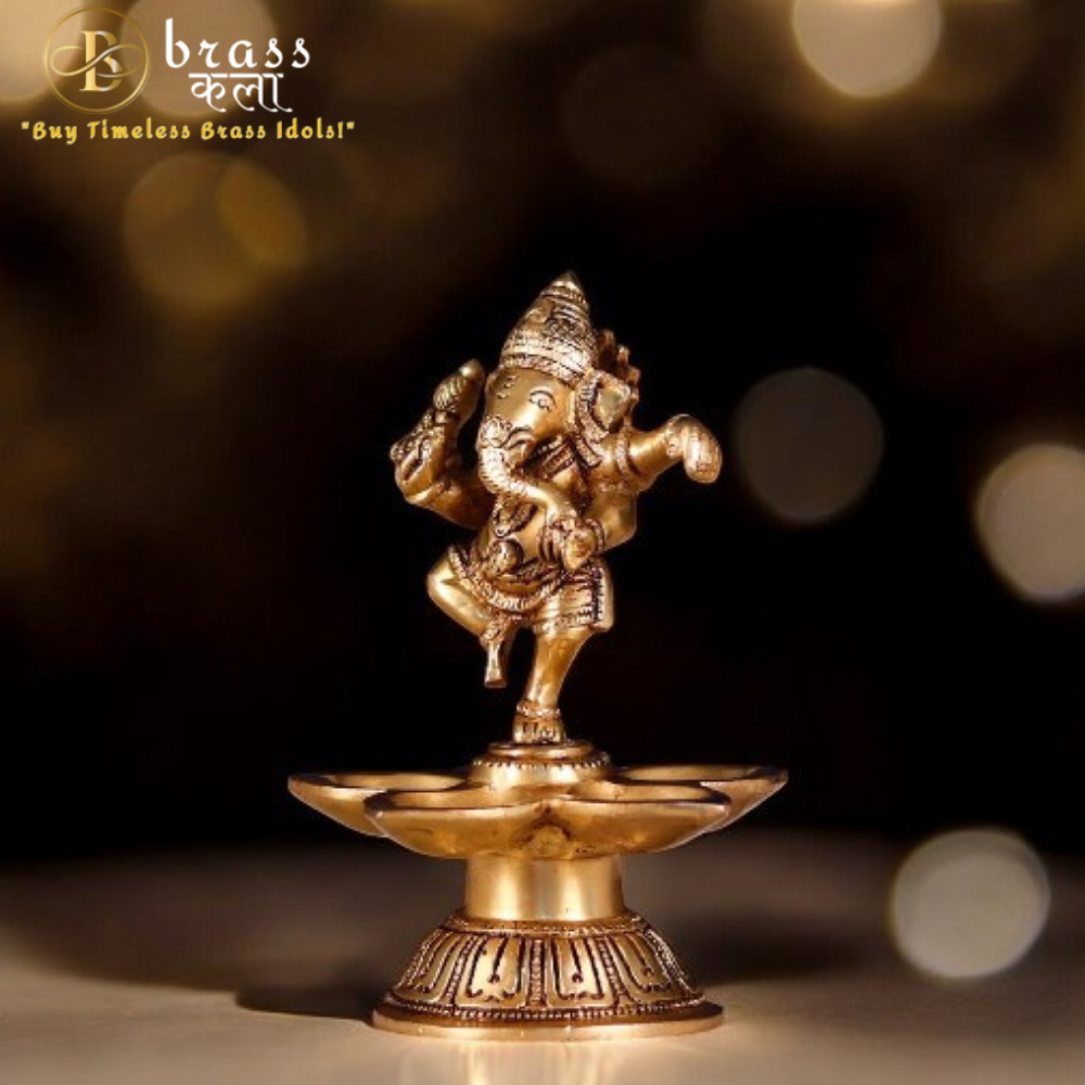 Brass five Pital Diya With Dancing Ganesha