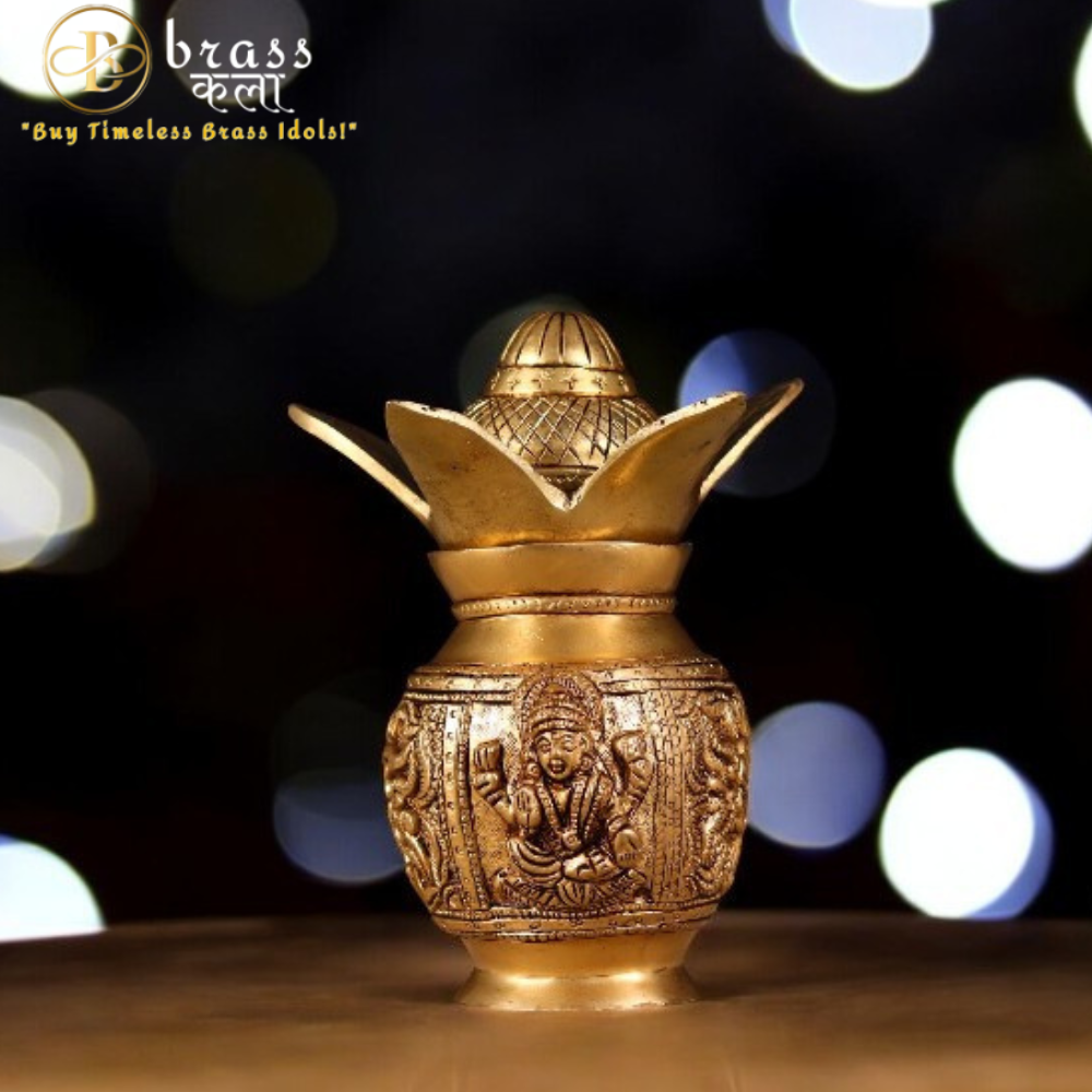 Brass kalash With Laxmi And Ganesh Carving