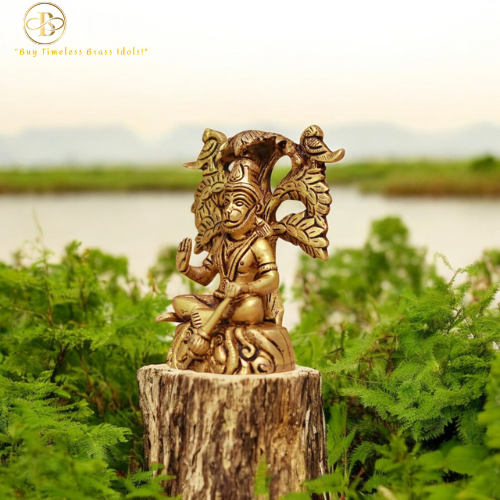 Brass Hanuman Idol Sitting On Meditation With A Tree On His Back