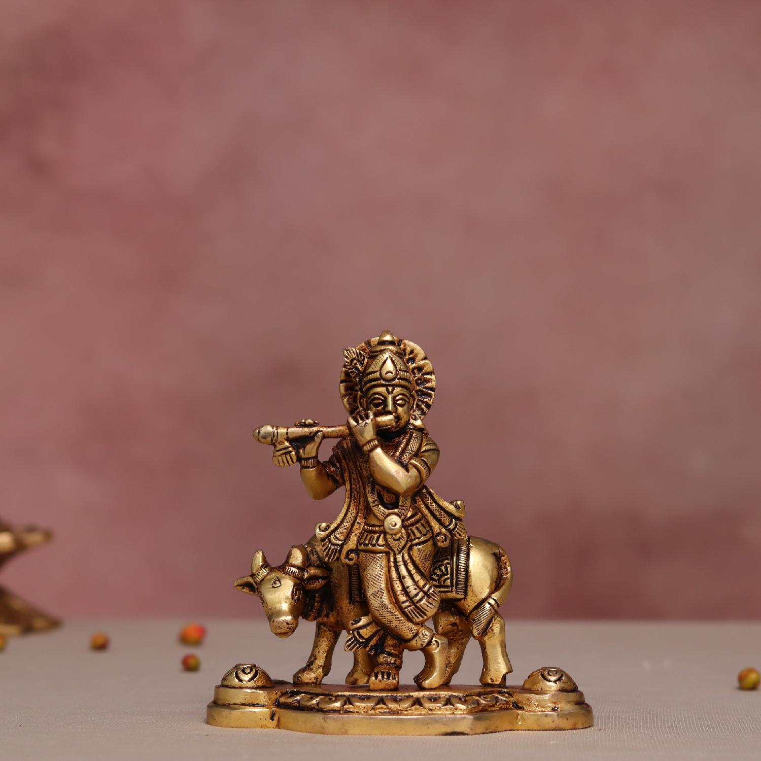 Brass Krishna Idol With Cow