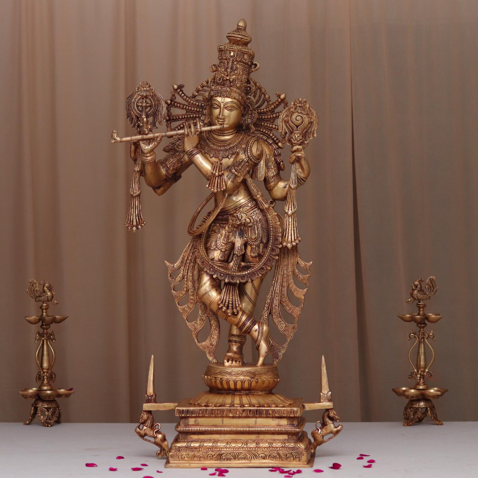 Brass Large Size Krishna Idol With Shankha Chakra