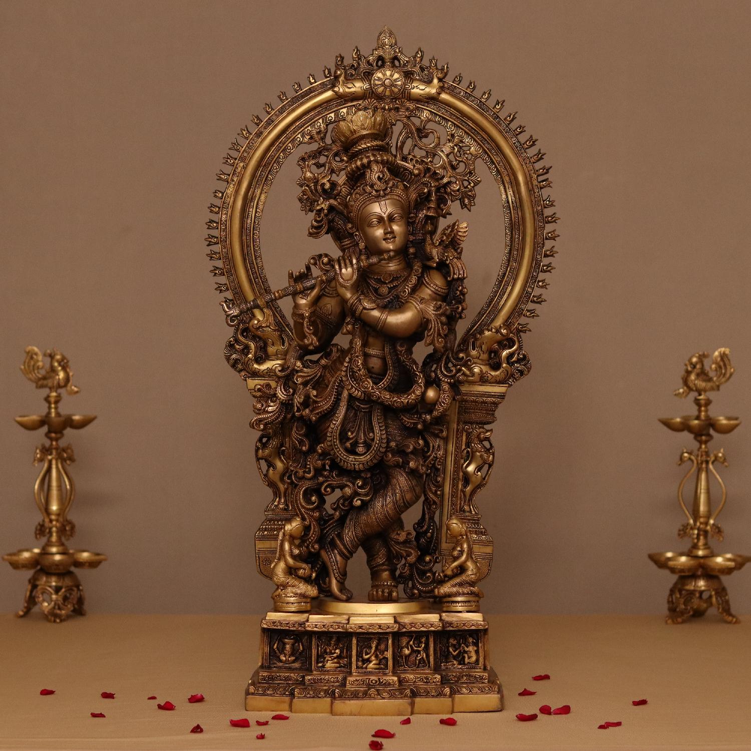 Antique Large Size Brass Krishna Lord Idol Playing Flute