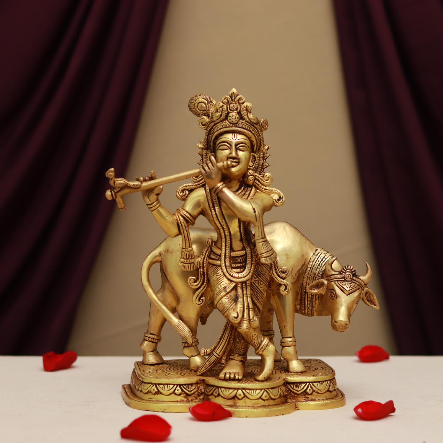 Brass Lord Krishna Playing With Cow Idol