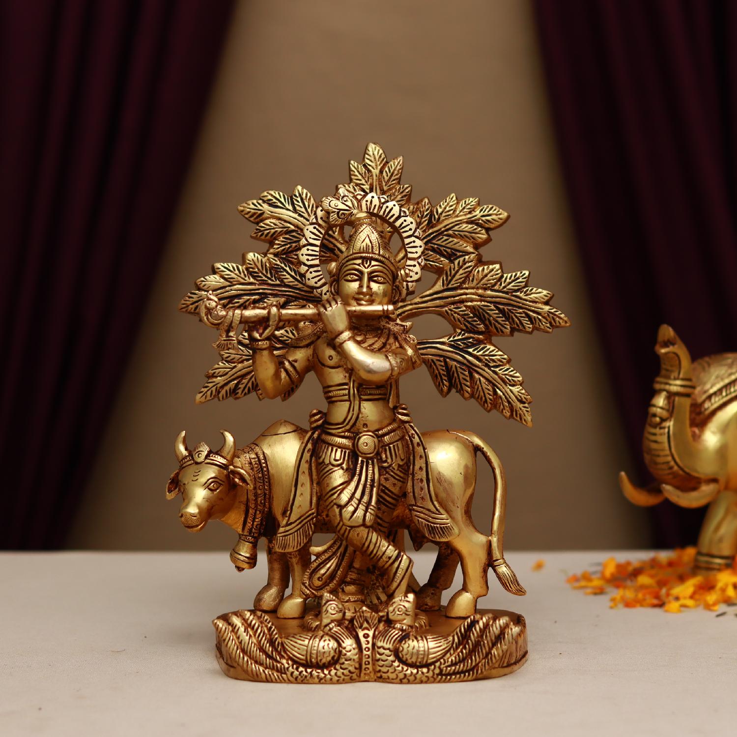 Brass Krishna Playing Flute Under Kalpavriksha
