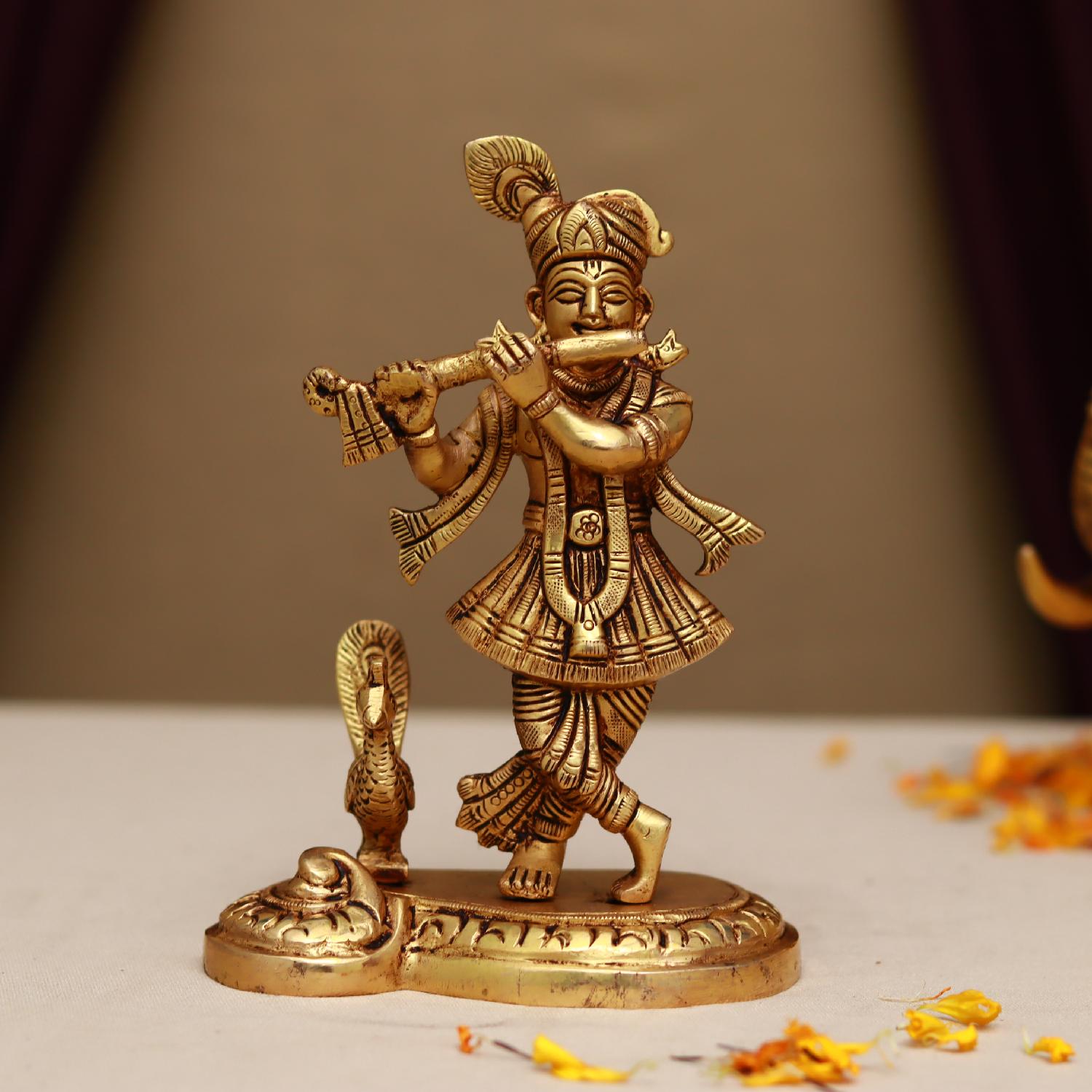 Brass Lord Krishna Idol Playing Flute With Peacock