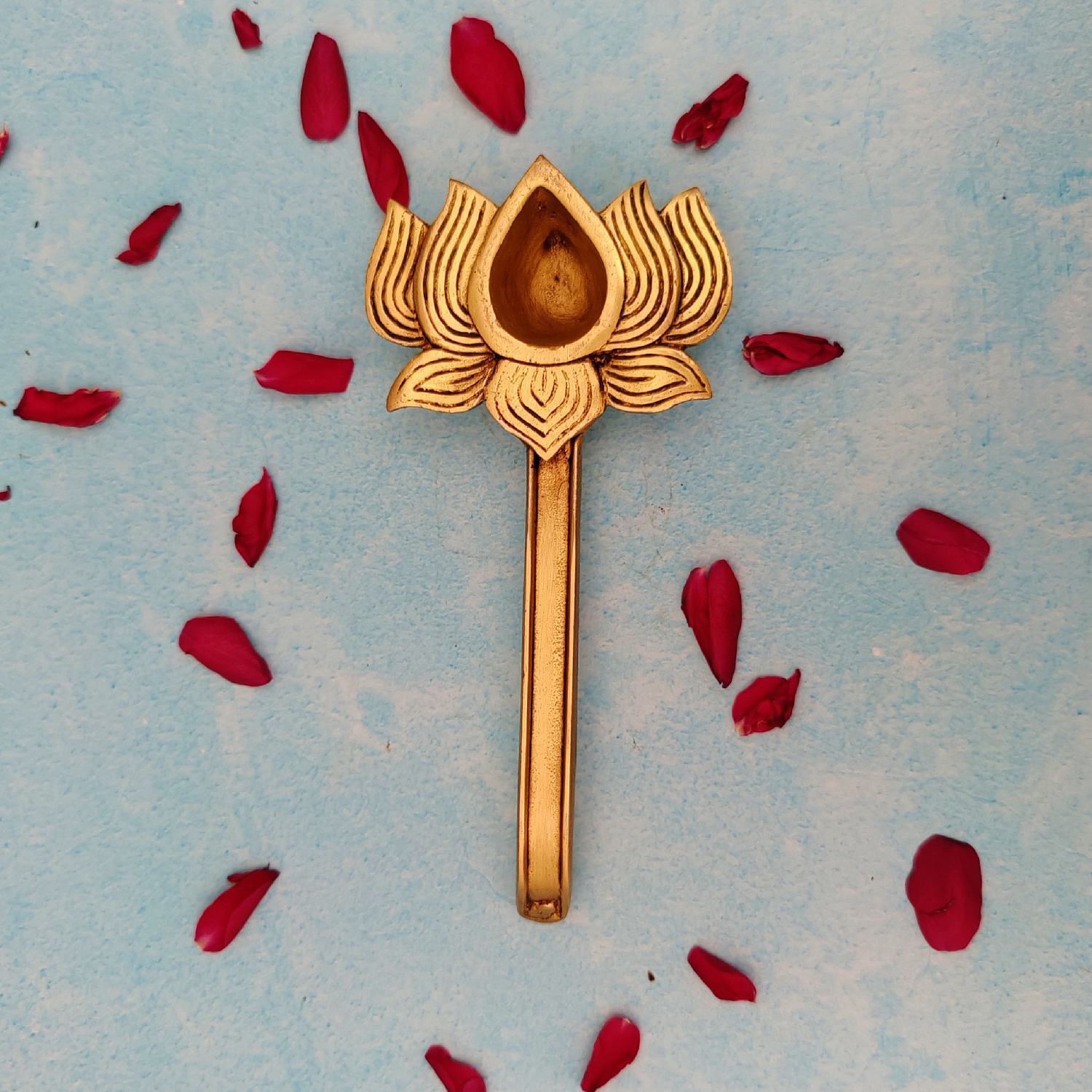 Super Fine Brass Lotus Diya With Handle