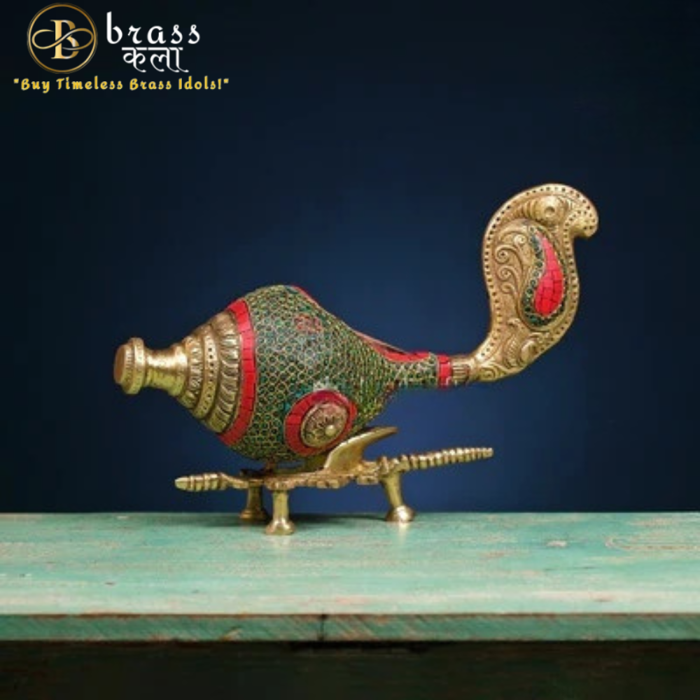 Brass Shankh with Stonework and Stand