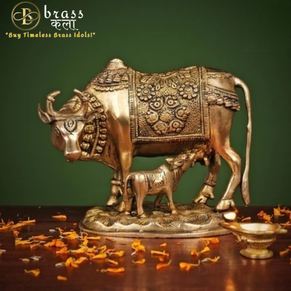 Brass Cow and Calf Idol Figurine Home Décor Kamdhenu Showpiece