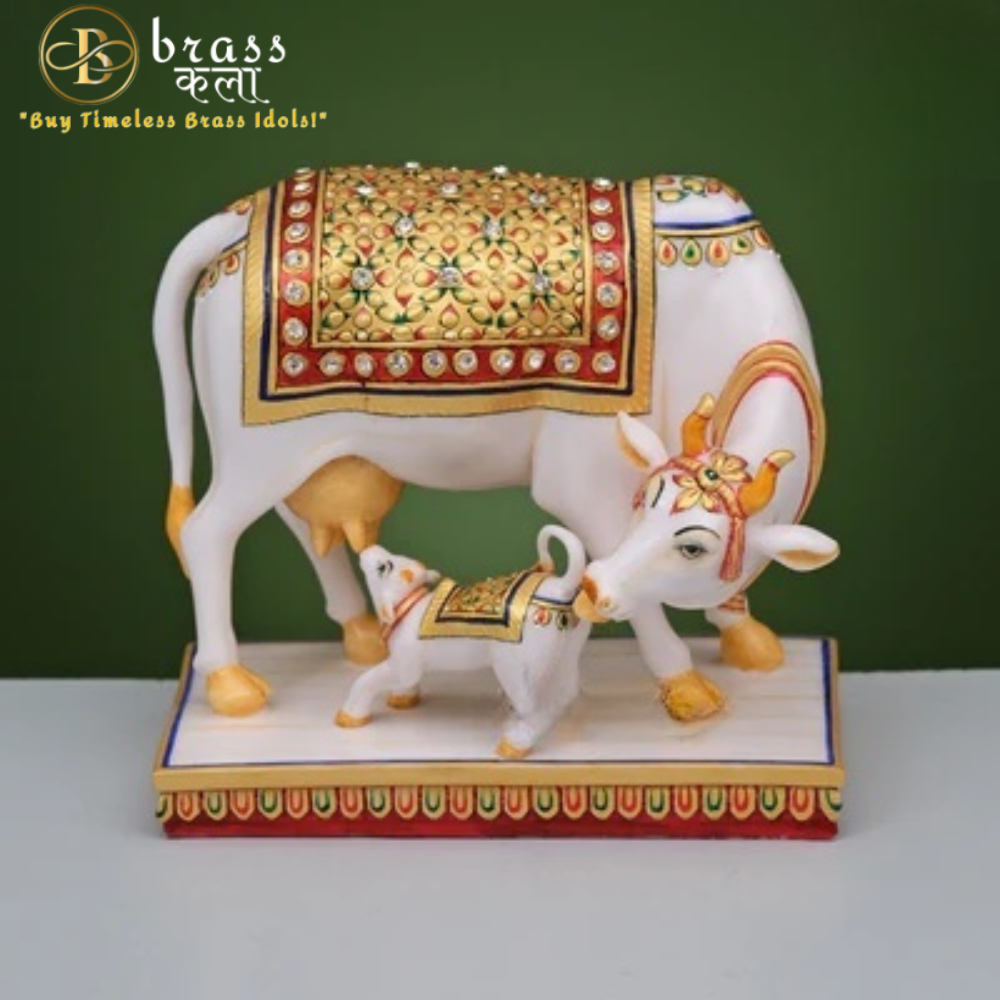 Cultured Marble Cow and Calf Idol Figurine Home Decor Kamdhenu Showpiece