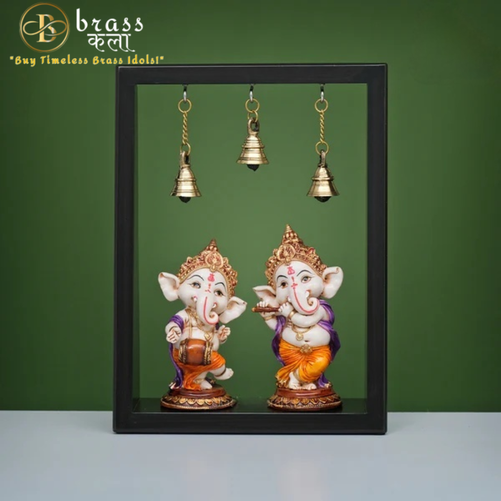 Musicial Baby Ganesha Idols in Wooden Frame with Bell