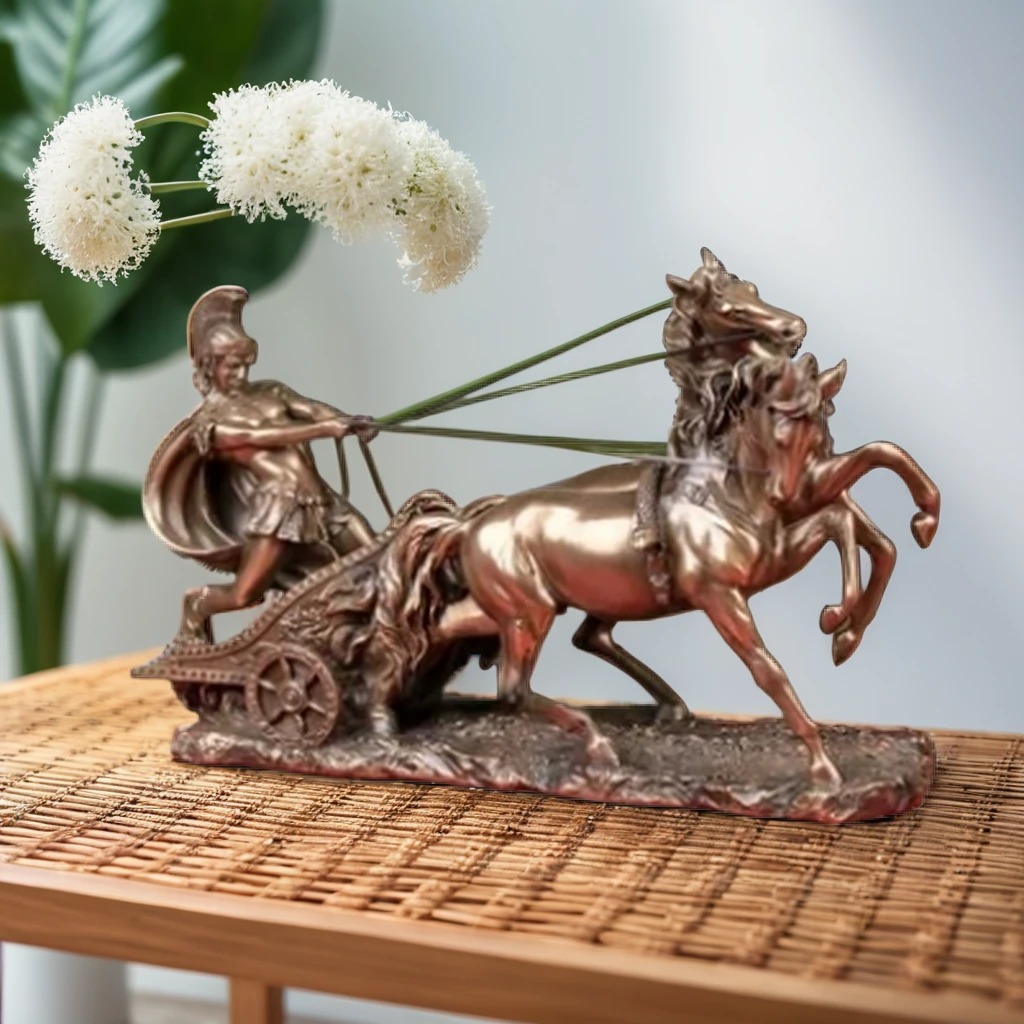 Roman Gladiator Chariot Pulled by 2 Horses Statue