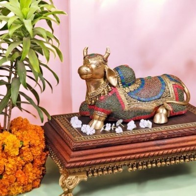 Brass Nandi Statue on Wooden Pedestal