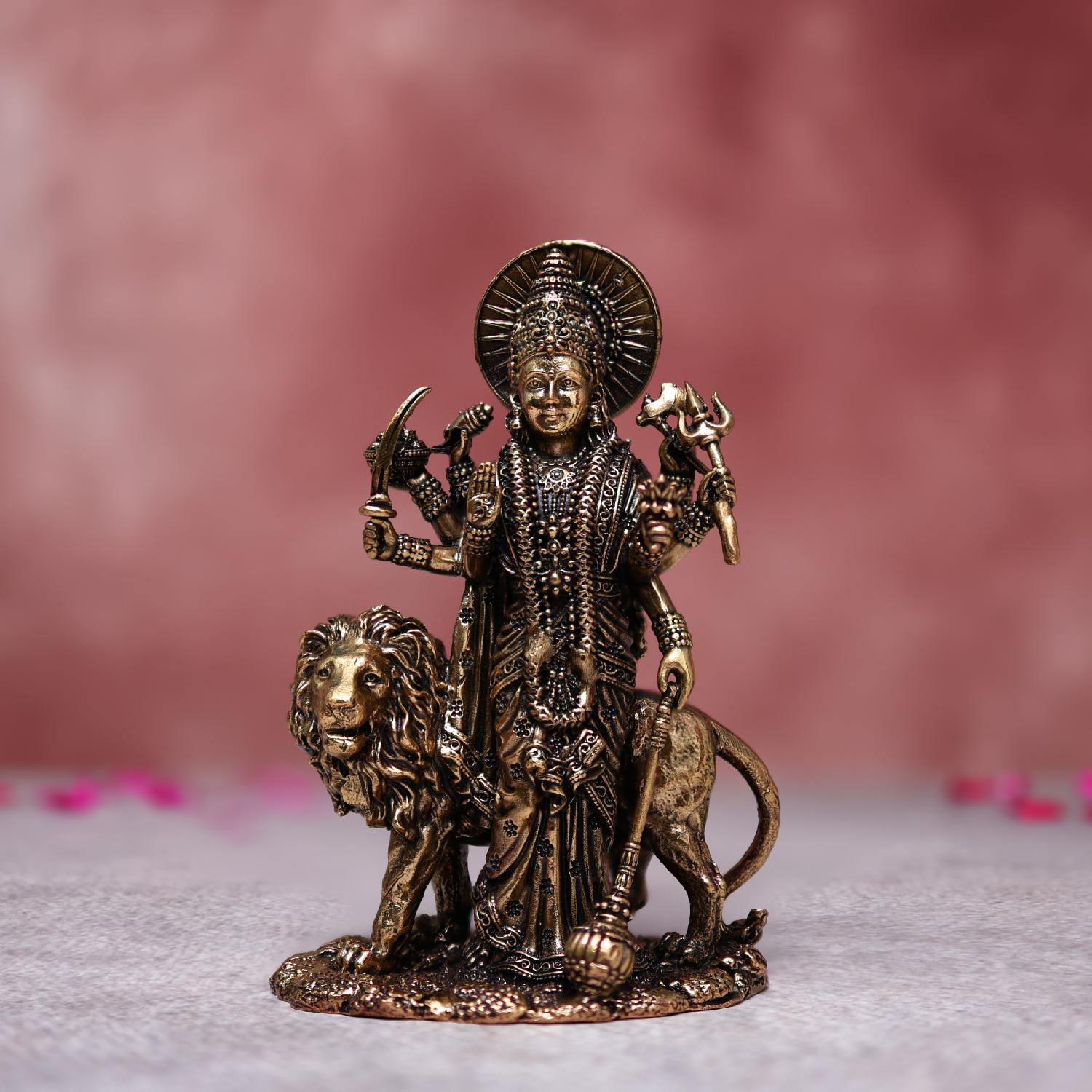 Brass Maa Durga Murti Standing With Lion