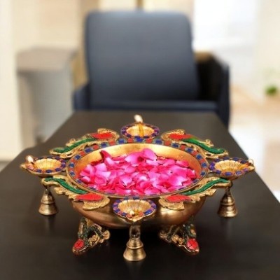Brass Peacock Urli Stand with 4 Diya holders Stonework
