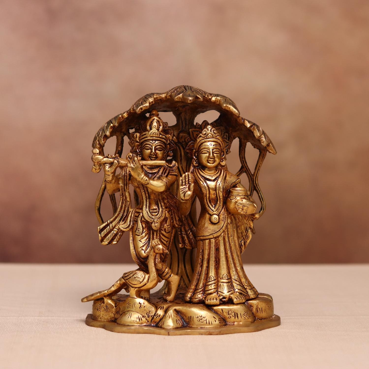 Brass Radha Krishna Idol With Tree And Peacock