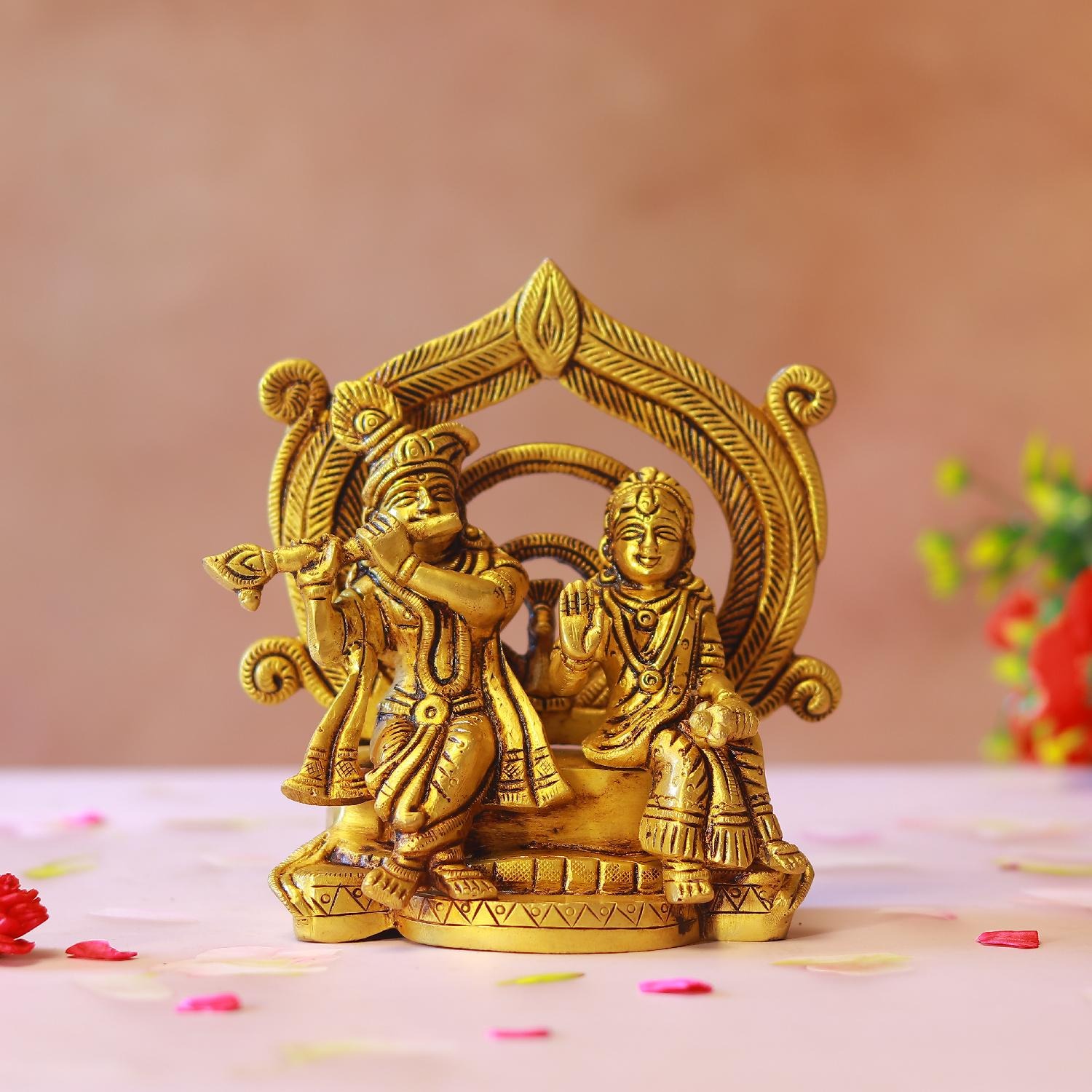 Brass Radha Krishna Idol Sitting On Throne