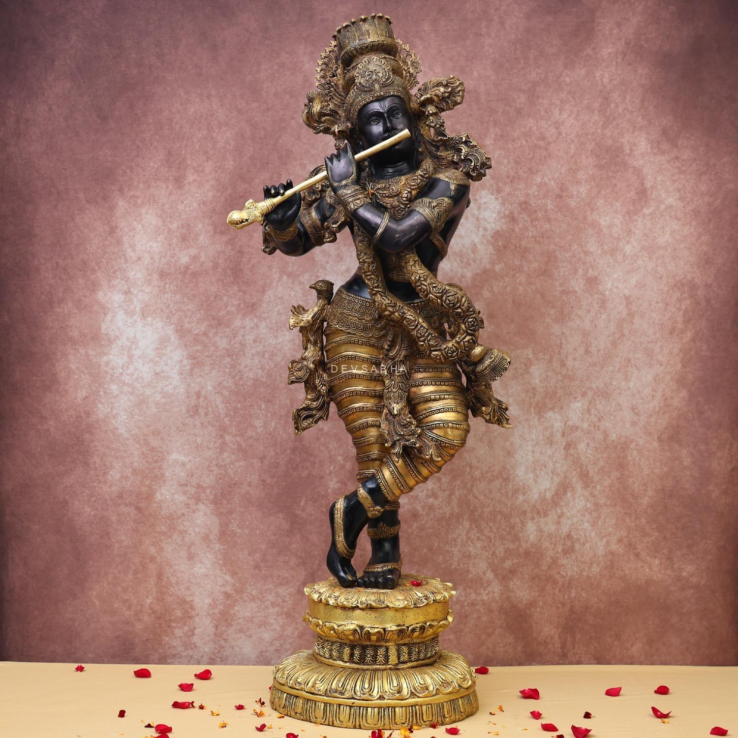 Large Size Brass Black Lord Krishna Murti In Tribhangi Posture