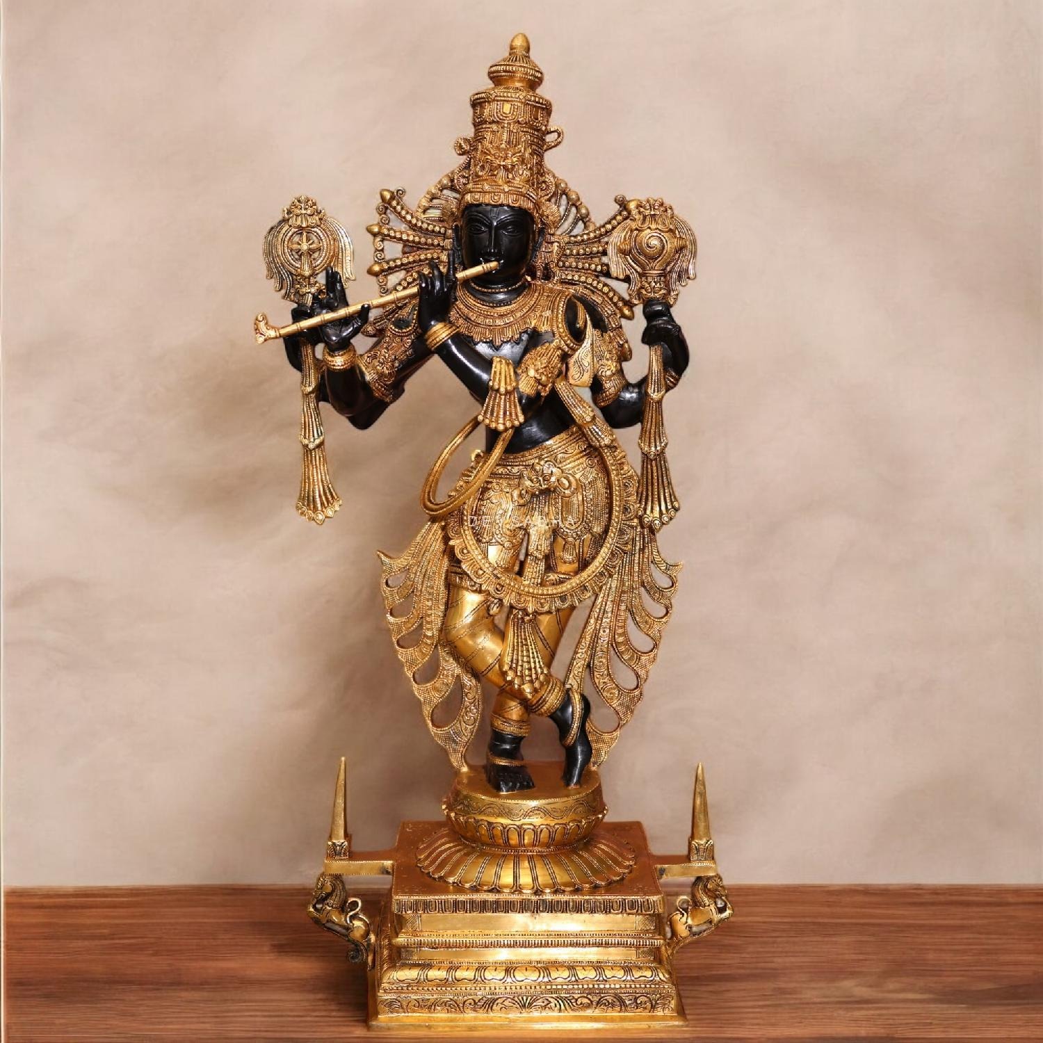 Brass Large Size Black Krishna Idol With Shankha And Chakra