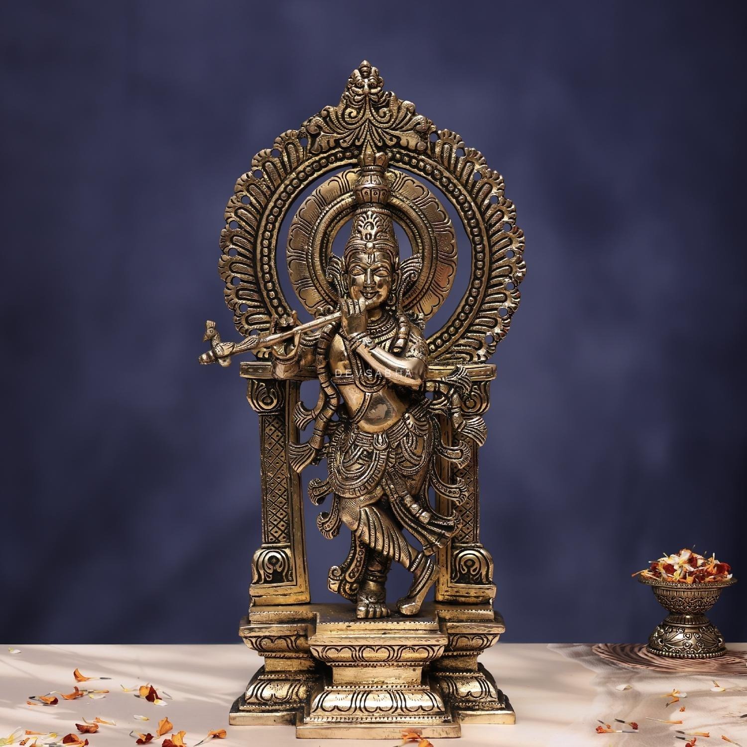 Antique Brass Krishna Idol With Frame