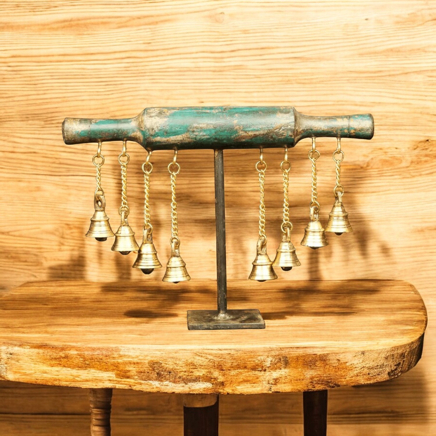 Wooden Handcrafted Belan on Stand with bells for Home Decor