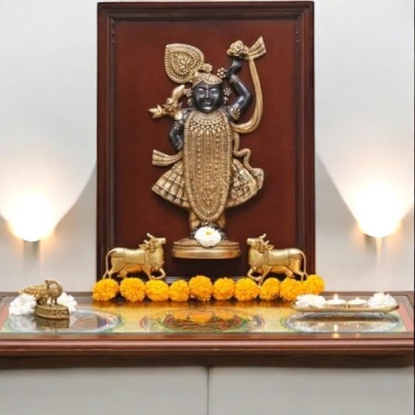 Brass Shreenath ji Statue in Frame with Cow