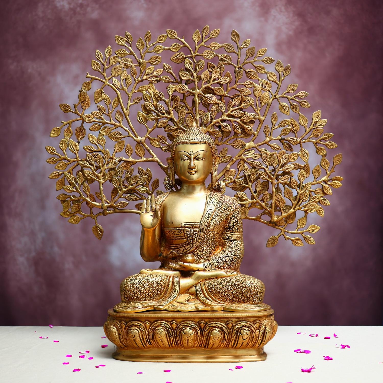 Brass Buddha Statue With Bodhi Tree