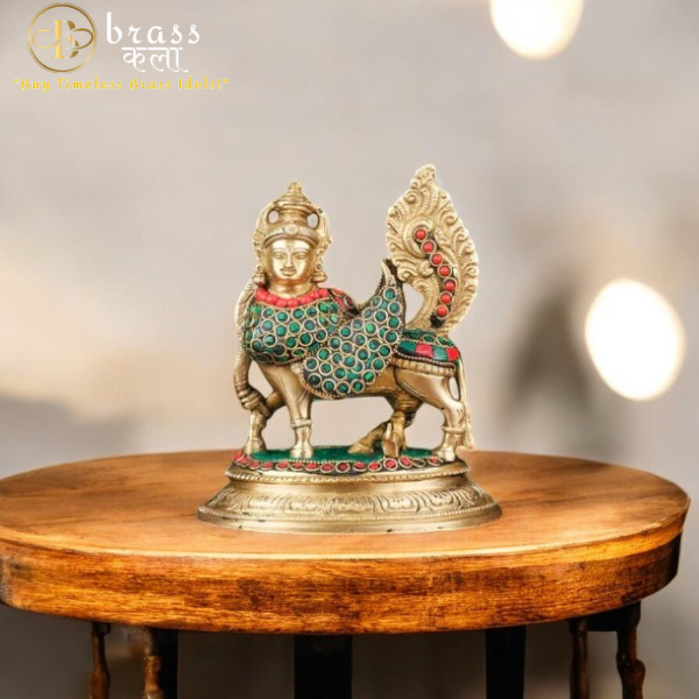 Brass Cow and Calf Figurine Kamdhenu Statue