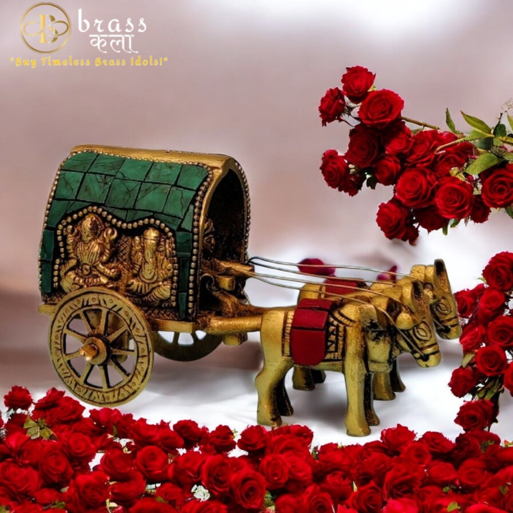 Brass Stone Bullock Cart With Laxmi Ganesh