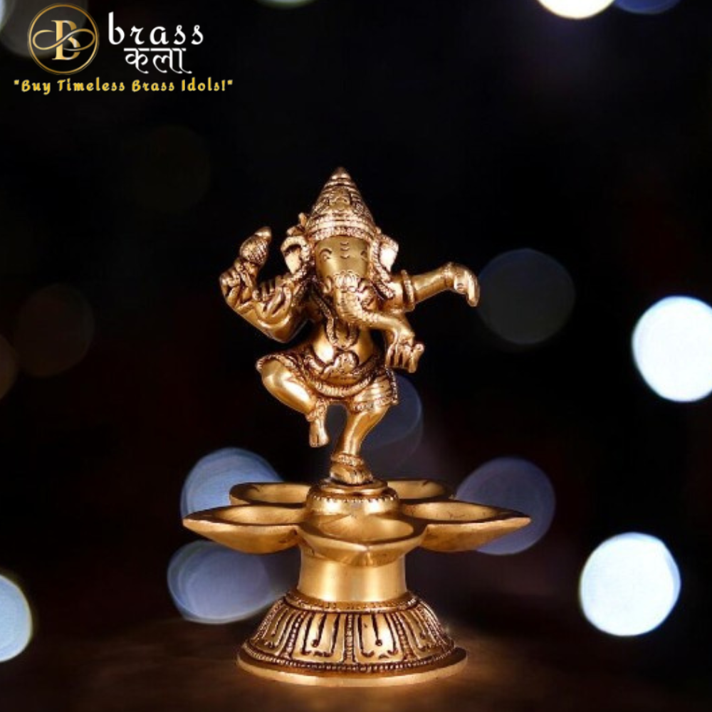 Brass five Pital Diya With Dancing Ganesha